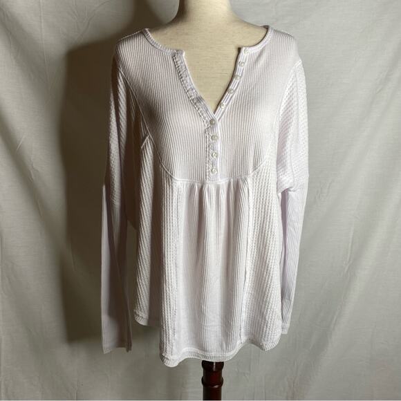 Free People Leo Henley White Waffle Knit Flowy Long Sleeve Top size small - Picture 5 of 7